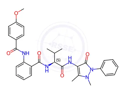 Chemical structure of Benzamide, N-[(1S)-1-[[(2,3-dihydro-1,5-dimethyl-3-oxo-2-phenyl-1H-pyrazol-4-yl)amino]carbonyl]-2-methylpropyl]-2-[(4-methoxybenzoyl)amino]-(9CI)