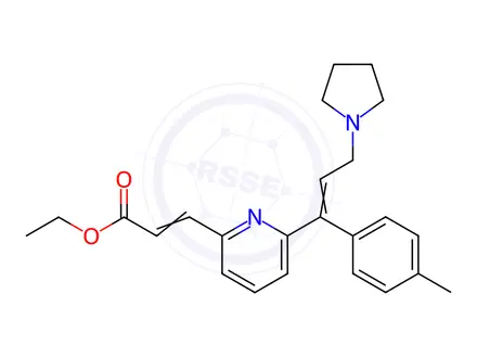 Chemical structure of Ethyl (E)-3-(6-((E)-3-(pyrrolidin-1-yl)-1-(p-tolyl)prop-1-en-1-yl)pyridin-2-yl)acrylate