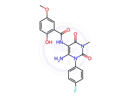 Chemical structure of N-(6-Amino-1-(4-fluorophenyl)-3-methyl-2,4-dioxo-1,2,3,4-tetrahydropyrimidin-5-yl)-2-hydroxy-5-methoxybenzamide