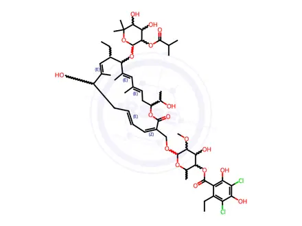 Chemical structure of (2R,3S,4S,5S,6R)-6-(((3E,5E,8S,9E,11S,12R,13E,15E,18S)-12-(((2R,3S,4S,5S)-4,5-Dihydroxy-3-(isobutyryloxy)-6,6-dimethyltetrahydro-2H-pyran-2-yl)oxy)-11-ethyl-8-hydroxy-18-((R)-1-hydroxyethyl)-9,13,15-trimethyl-2-oxooxacyclooctadeca-3,5,9,13,15-pentaen-3-yl)methoxy)-4-hydroxy-5-methoxy-2-methyltetrahydro-2H-pyran-3-yl 3,5-dichloro-2-ethyl-4,6-dihydroxybenzoate