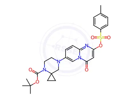 Chemical structure of tert-Butyl 7-(4-oxo-2-(tosyloxy)-4H-pyrido[1,2-a]pyrimidin-7-yl)-4,7-diazaspiro[2.5]octane-4-carboxylate