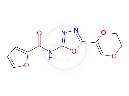 Chemical structure of N-(5-(5,6-Dihydro-1,4-dioxin-2-yl)-1,3,4-oxadiazol-2-yl)furan-2-carboxamide