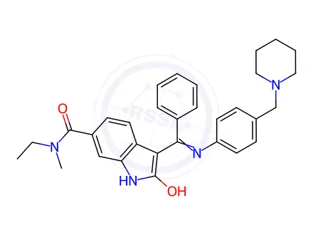 Chemical structure of (Z)-N-Ethyl-N-methyl-2-oxo-3-(phenyl((4-(piperidin-1-ylmethyl)phenyl)amino)methylene)indoline-6-carboxamide