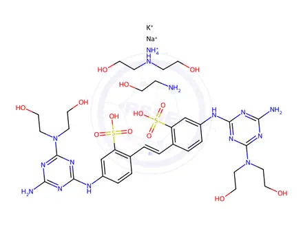 Chemical structure of Benzenesulfonic acid, 2,2'-(1,2-ethenediyl)bis[5-[[4-amino-6-[bis(2-hydroxyethyl)amino]-1,3,5-triazin-2-yl]amino]-, ammonium potassium sodium salt, compd. with 2-aminoethanol and 2,2'-iminobis[ethanol]