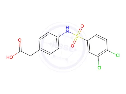 Chemical structure of 2-[4-(3,4-dichlorobenzenesulfonamido)phenyl]acetic acid