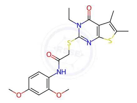 Chemical structure of N-(2,4-Dimethoxyphenyl)-2-((3-ethyl-5,6-dimethyl-4-oxo-3,4-dihydrothieno[2,3-d]pyrimidin-2-yl)thio)acetamide