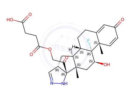 Chemical structure of 9-fluoro-2',16beta-dihydro-11beta-hydroxypregna-1,4-dieno[17,16-c]pyrazole-3,20-dione 21-(3-carboxypropionate)
