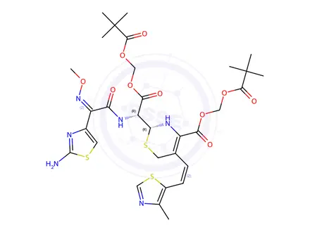 Chemical structure of (R)-(pivaloyloxy)methyl 2-((R,Z)-4-(2-aminothiazol-4-yl)-13,13-dimethyl-5,8,12-trioxo-2,9,11-trioxa-3,6-diazatetradec-3-en-7-yl)-5-((Z)-2-(4-methylthiazol-5-yl)vinyl)-3,6-dihydro-2H-1,3-thiazine-4-carboxylate