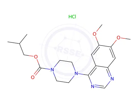 Chemical structure of 2-methylpropyl 4-(6,7-dimethoxyquinazolin-4-yl)piperazine-1-carboxylate hydrochloride