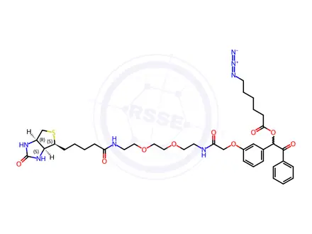 Chemical structure of Hexanoic acid, 6-azido-, 1-[3-[[17-[(3aS,4S,6aR)-hexahydro-2-oxo-1H-thieno[3,4-d]imidazol-4-yl]-2,13-dioxo-6,9-dioxa-3,12-diazaheptadec-1-yl]oxy]phenyl]-2-oxo-2-phenylethyl ester