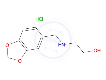 Chemical structure of 2-((Benzo[d][1,3]dioxol-5-ylmethyl)amino)ethan-1-ol hydrochloride