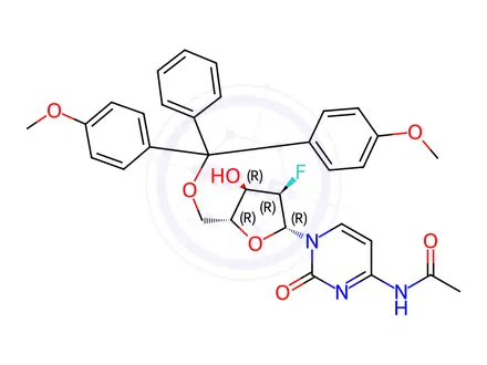 Chemical structure of N-Acetyl-5'-O-[bis(4-methoxyphenyl)phenylmethyl]-2'-deoxy-2'-fluorocytidine
