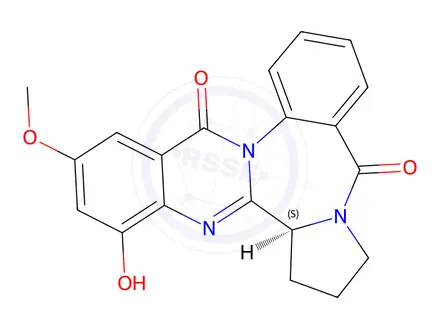 Chemical structure of 10H,16H-Pyrrolo[2,1-c]quinazolino[3,2-a][1,4]benzodiazepine-10,16-dione, 5b,6,7,8-tetrahydro-4-hydroxy-2-methoxy-, (5bS)-(9CI)