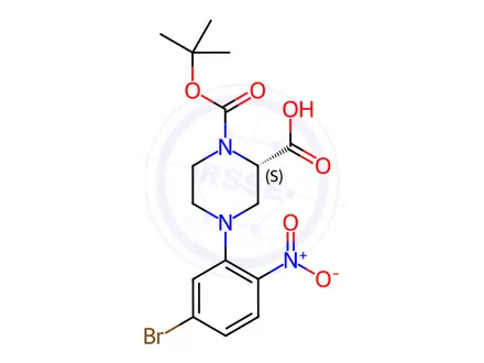 Chemical structure of (S)-4-(5-Bromo-2-nitrophenyl)-1-(tert-butoxy-carbonyl)piperazine-2-carboxylic acid