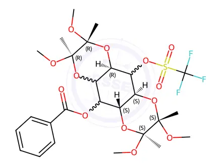Chemical structure of 1,6:3,4-Bis-[O-(2,3-dimethoxybutane-2,3-diyl)]-2-O-trifluoromethanesulphonyl-5-O-benzolyl-myo-inositol