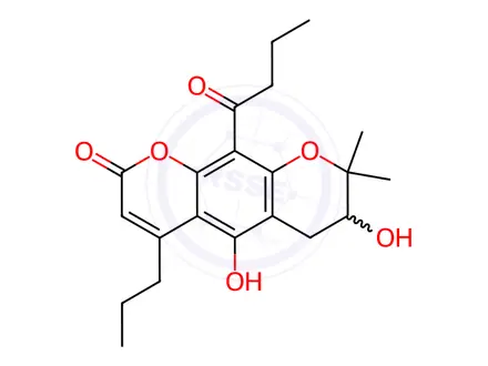Chemical structure of 10-Butyryl-7,8-dihydro-5,7-dihydroxy-8,8-dimethyl-4-propyl-2H,6H-benzo[1,2-b:5,4-b']dipyran-2-one