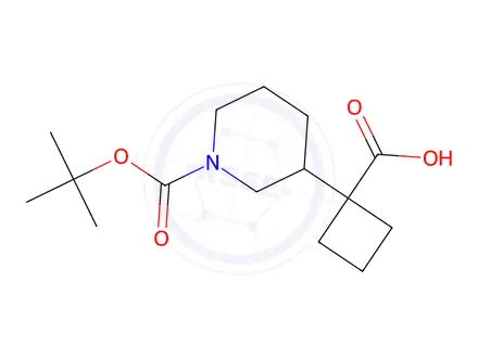 Chemical structure of 1-(1-(Tert-butoxycarbonyl)piperidin-3-yl)cyclobutane-1-carboxylic acid