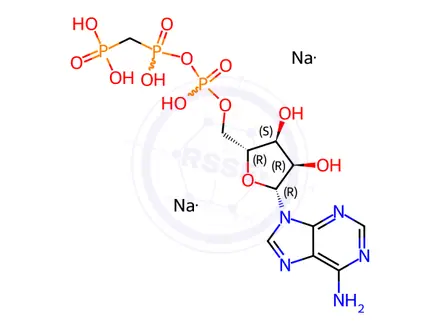 Chemical structure of (((((((2R,3S,4R,5R)-5-(6-Amino-9H-purin-9-yl)-3,4-dihydroxytetrahydrofuran-2-yl)methoxy)(hydroxy)phosphoryl)oxy)(hydroxy)phosphoryl)methyl)phosphonic Acid, Disodium Salt
