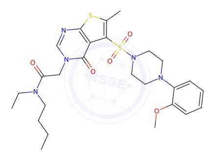 Chemical structure of N-butyl-N-ethyl-2-[5-{[4-(2-methoxyphenyl)-1-piperazinyl]sulfonyl}-6-methyl-4-oxothieno[2,3-d]pyrimidin-3(4H)-yl]acetamide