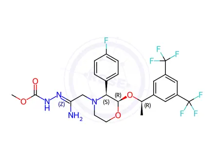 Chemical structure of N-(Destriazolonomethyl) N-(Methylcarboxyacetamidohydrazono) Aprepitant