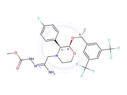 Chemical structure of N-(Destriazolonomethyl) N-(Methylcarboxyacetamidohydrazono) Aprepitant