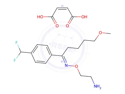 Chemical structure of (E)-1-(4-(difluoromethyl)phenyl)-5-methoxypentan-1-one O-(2-aminoethyl) oxime maleate