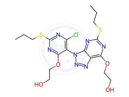 Chemical structure of 2-((6-chloro-5-(7-(2-hydroxyethoxy)-5-(propylthio)-3H-[1,2,3]triazolo[4,5-d]pyrimidin-3-yl)-2-(propylthio)pyrimidin-4-yl)oxy)ethan-1-ol