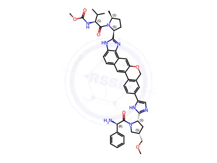 Chemical structure of Methyl ((S)-1-((2S,5S)-2-(9-(2-((2S,4S)-1-((R)-2-amino-2-phenylacetyl)-4-(methoxymethyl)pyrrolidin-2-yl)-1H-imidazol-5-yl)-1,11-dihydroisochromeno[4',3':6,7]naphtho[1,2-d]imidazol-2-yl)-5-methylpyrrolidin-1-yl)-3-methyl-1-oxobutan-2-yl)carbamate