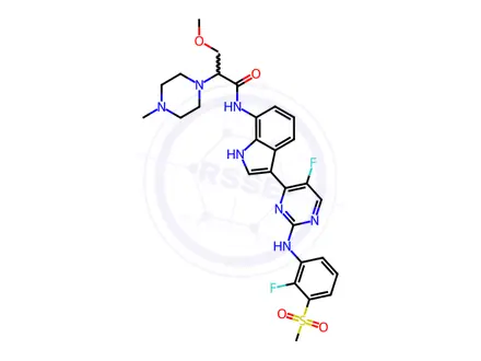 Chemical structure of N-(3-(5-fluoro-2-((2-fluoro-3-(methylsulfonyl)phenyl)amino)pyrimidin-4-yl)-1H-indol-7-yl)-3-methoxy-2-(4-methylpiperazin-1-yl)propanamide