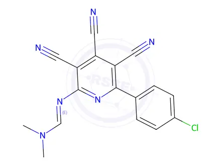 Chemical structure of (E)-N'-(6-(4-chlorophenyl)-3,4,5-tricyanopyridin-2-yl)-N,N-dimethylformimidamide