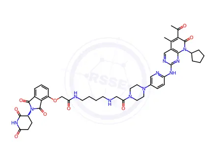 Chemical structure of Acetamide, N-[4-[[2-[4-[6-[(6-acetyl-8-cyclopentyl-7,8-dihydro-5-methyl-7-oxopyrido[2,3-d]pyrimidin-2-yl)amino]-3-pyridinyl]-1-piperazinyl]-2-oxoethyl]amino]butyl]-2-[[2-(2,6-dioxo-3-piperidinyl)-2,3-dihydro-1,3-dioxo-1H-isoindol-4-yl]oxy]-