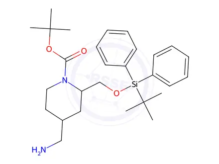 Chemical structure of Tert-butyl 4-(aminomethyl)-2-(((tert-butyldiphenylsilyl)oxy)methyl)piperidine-1-carboxylate