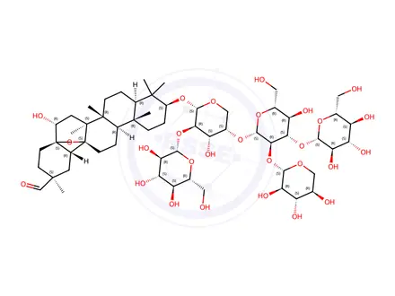 Chemical structure of (20S)-13,28-Epoxy-3β-[4-O-(3-O-β-D-glucopyranosyl-2-O-β-D-xylopyranosyl-β-D-glucopyranosyl)-2-O-β-D-glucopyranosyl-α-L-arabinopyranosyloxy]-16α-hydroxyoleanan-29-al