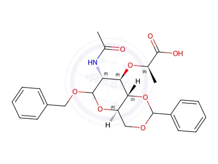 Chemical structure of (2R)-2-(((4aR,7R,8R,8aS)-7-acetamido-6-(benzyloxy)-2-phenylhexahydropyrano[3,2-d][1,3]dioxin-8-yl)oxy)propanoic acid