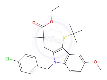 Chemical structure of 1H-Indole-2-propanoic acid, 1-[(4-chlorophenyl)methyl]-3-[(1,1-dimethylethyl)thio]-5-methoxy-ethyl ester