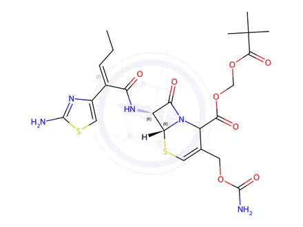 Chemical structure of (6R,7R)-(pivaloyloxy)methyl 7-((Z)-2-(2-aminothiazol-4-yl)pent-2-enamido)-3-((carbamoyloxy)methyl)-8-oxo-5-thia-1-azabicyclo[4.2.0]oct-3-ene-2-carboxylate