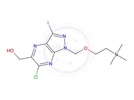 Chemical structure of (6-Chloro-3-iodo-1-((2-(trimethylsilyl)ethoxy)methyl)-1H-pyrazolo[3,4-b]pyrazin-5-yl)methanol