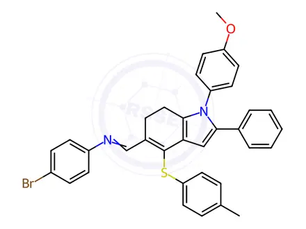 Chemical structure of N-(4-bromophenyl)-1-(1-(4-methoxyphenyl)-2-phenyl-4-(p-tolylthio)-6,7-dihydro-1H-indol-5-yl)methanimine
