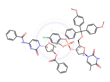 Chemical structure of N-benzoyl-3'-O-benzoyl-P-(p-chlorophenyl)-2'-deoxycytidylyl-(5'->3')-5'-O-(p,p'-dimethoxytrityl)thymidine