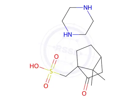 Chemical structure of (±)-2-oxobornane-10-sulphonic acid, compound with piperazine