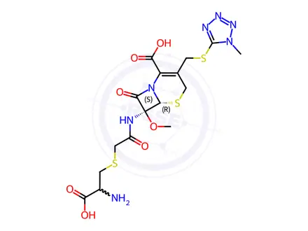Chemical structure of (6R,7S)-7-(2-((2-amino-2-carboxyethyl)thio)acetamido)-7-methoxy-3-(((1-methyl-1H-tetrazol-5-yl)thio)methyl)-8-oxo-5-thia-1-azabicyclo[4.2.0]oct-2-ene-2-carboxylic acid