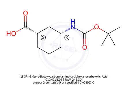 Chemical structure of (1S,3R)-3-((tert-butoxycarbonyl)amino)cyclohexanecarboxylic acid