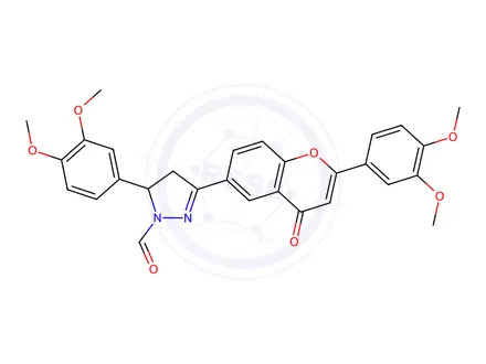 Chemical structure of 1H-Pyrazole-1-carboxaldehyde, 4,5-dihydro-5-(3,4-dimethoxyphenyl)-3-(2-(3,4-dimethoxyphenyl)-4-oxo-4H-1-benzopyran-6-yl)-
