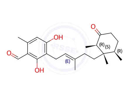 Chemical structure of Benzaldehyde,2,4-dihydroxy-6-methyl-3-[(2E)-3-methyl-5-[(1S,2R,6R)-1,2,6-trimethyl-3-oxocyclohexyl]-2-penten-1-yl]-