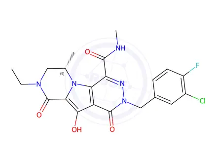 Chemical structure of (6S)-2-[(3-Chloro-4-fluorophenyl)methyl]-N,8-diethyl-1,2,6,7,8,9-hexahydro-10-hydroxy-6-methyl-1,9-dioxo-pyrazino[1',2':1,5]pyrrolo[2,3-d]pyridazine-4-carboxam