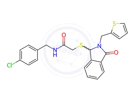 Chemical structure of N-(4-chlorobenzyl)-2-((3-oxo-2-(thiophen-2-ylmethyl)isoindolin-1-yl)thio)acetamide
