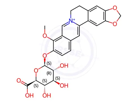 Chemical structure of 10-(((2S,3R,4S,5S,6S)-6-carboxy-3,4,5-trihydroxytetrahydro-2H-pyran-2-yl)oxy)-9-methoxy-5,6-dihydro-[1,3]dioxolo[4,5-g]isoquinolino[3,2-a]isoquinolin-7-ium chloride