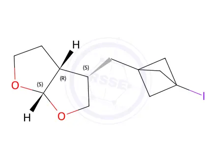 Chemical structure of rel-(3aR,4S,6aS)-4-[(3-iodo-1-bicyclo[1.1.1]pentanyl)methyl]-2,3,3a,4,5,6a-hexahydrofuro[2,3-b]furan