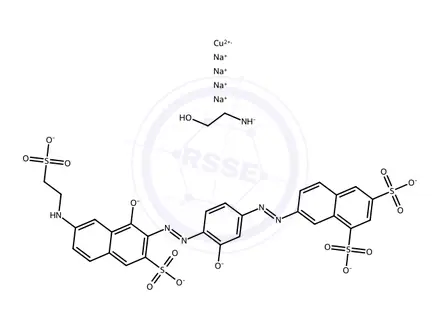 Chemical structure of Cuprate(4-), 2-(amino-.kappa.N)ethanol7-3-(hydroxy-.kappa.O)-4-1-(hydroxy-.kappa.O)-3-sulfo-7-(2-sulfoethyl)amino-2-naphthalenylazo-.kappa.N1phenylazo-1,3-naphthalenedisulfonato(6-)-, tetrasodium