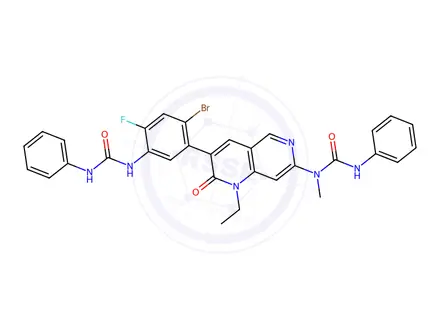 Chemical structure of 1-(3-(2-Bromo-4-fluoro-5-(3-phenylureido)phenyl)-1-ethyl-2-oxo-1,2-dihydro-1,6-naphthyridin-7-yl)-1-methyl-3-phenylurea